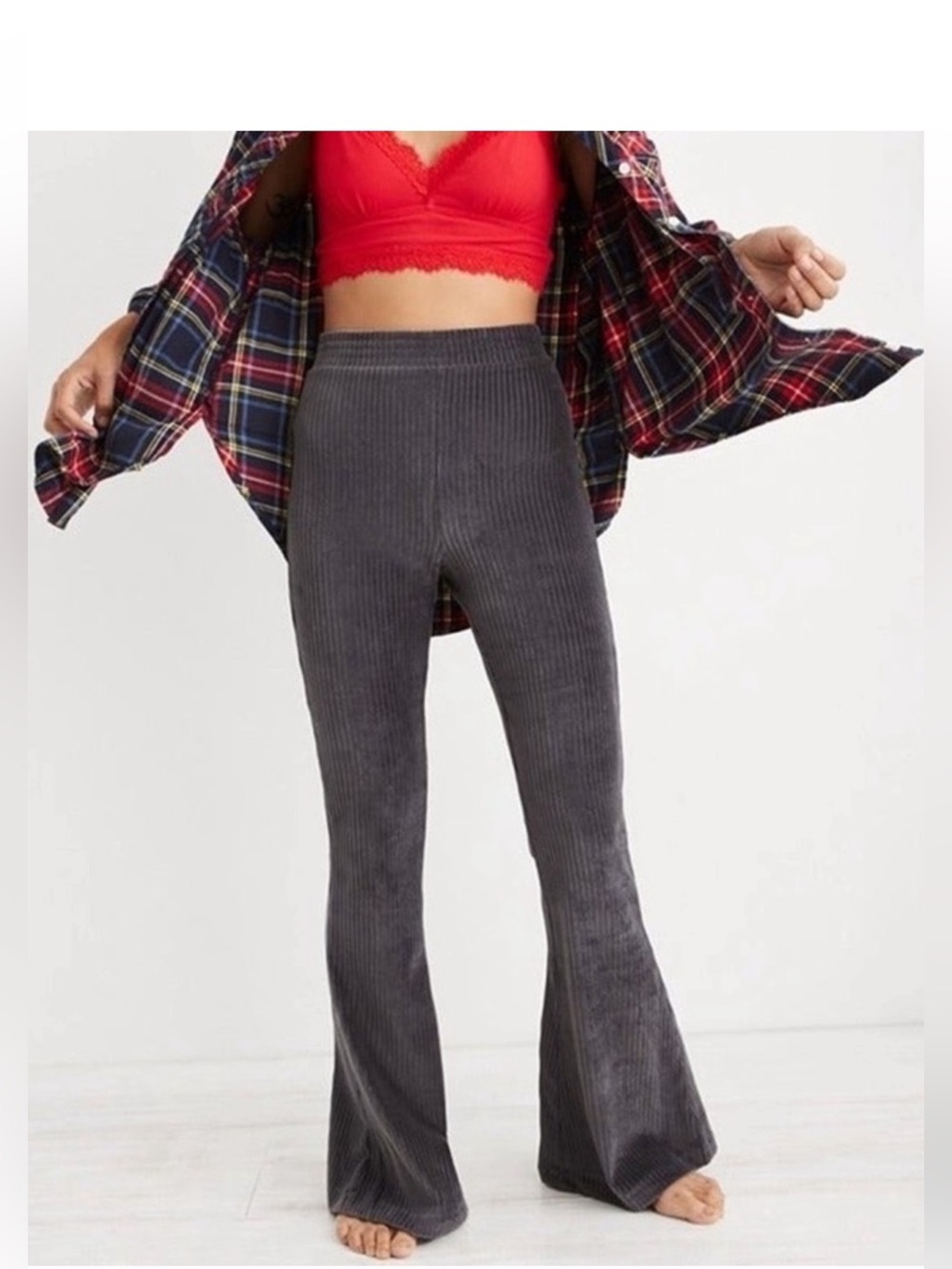 Aerie grey ribbed corduroy flare pants with an elastic waist,